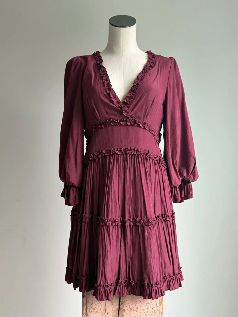 Mustard Seed Ruffle Tiered V-Neck Dress - Wine